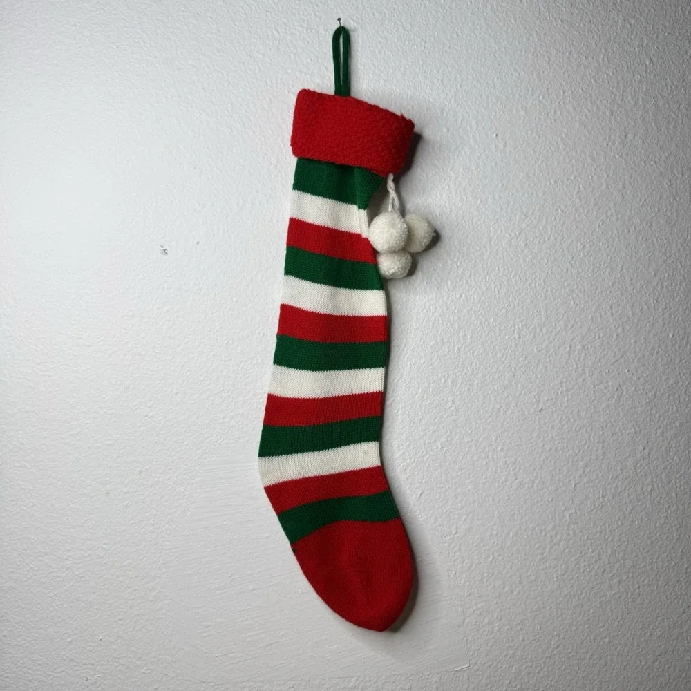 Vintage Knit Christmas Stockings Red Green & White Striped Holiday Classic 21
